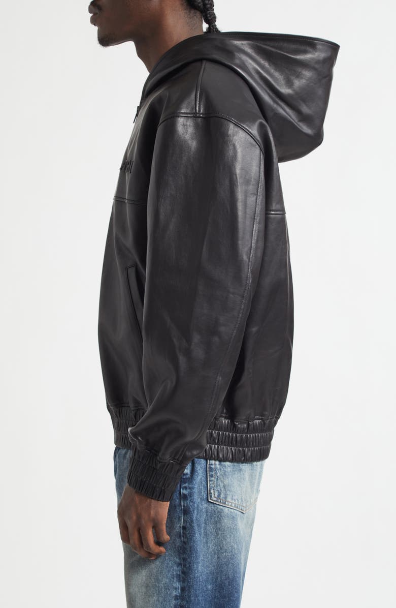 AMIRI Oversize Hooded Lambskin Leather Zip Jacket, Alternate, color, Black