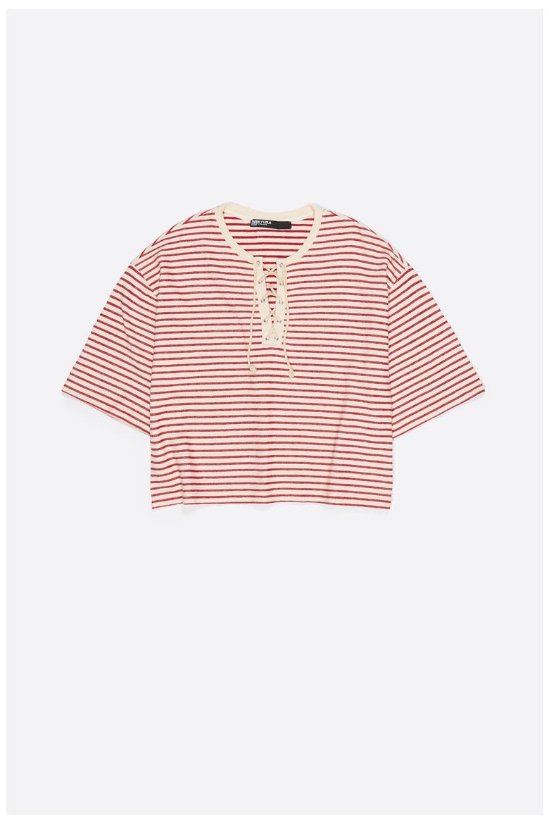 Cotton T-Shirt with Corset Detail, Alternate, color, RED