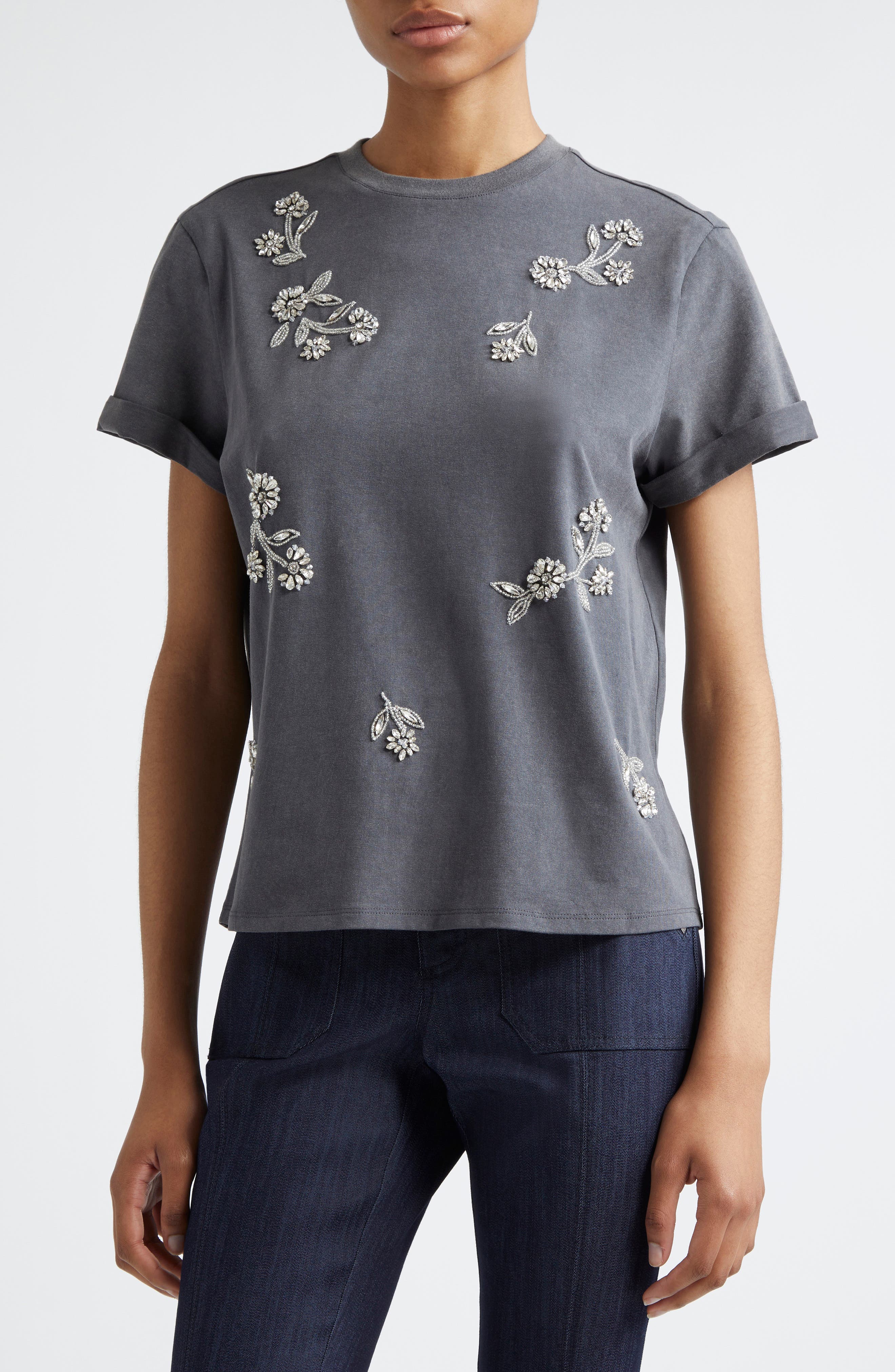 Cinq à Sept Bree Crystal Vine Detail Stretch Cotton T-Shirt