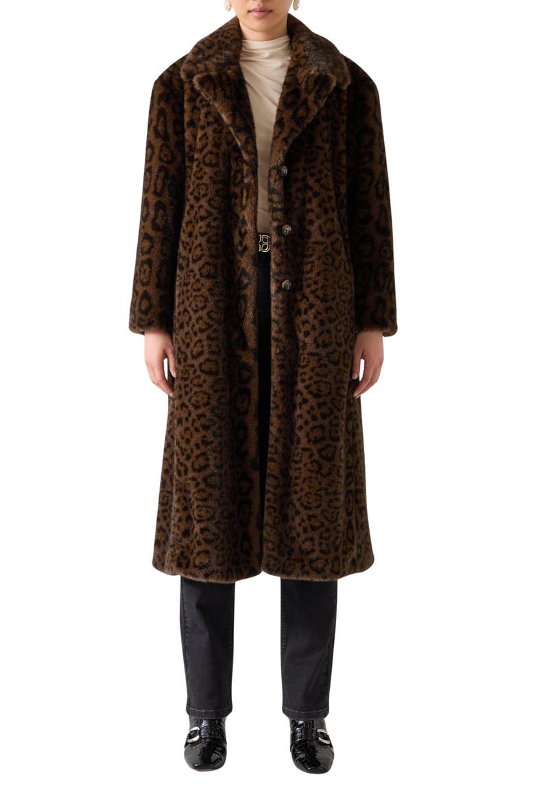 Leila Animal Print Faux Fur Coat, Main, color, BROWN