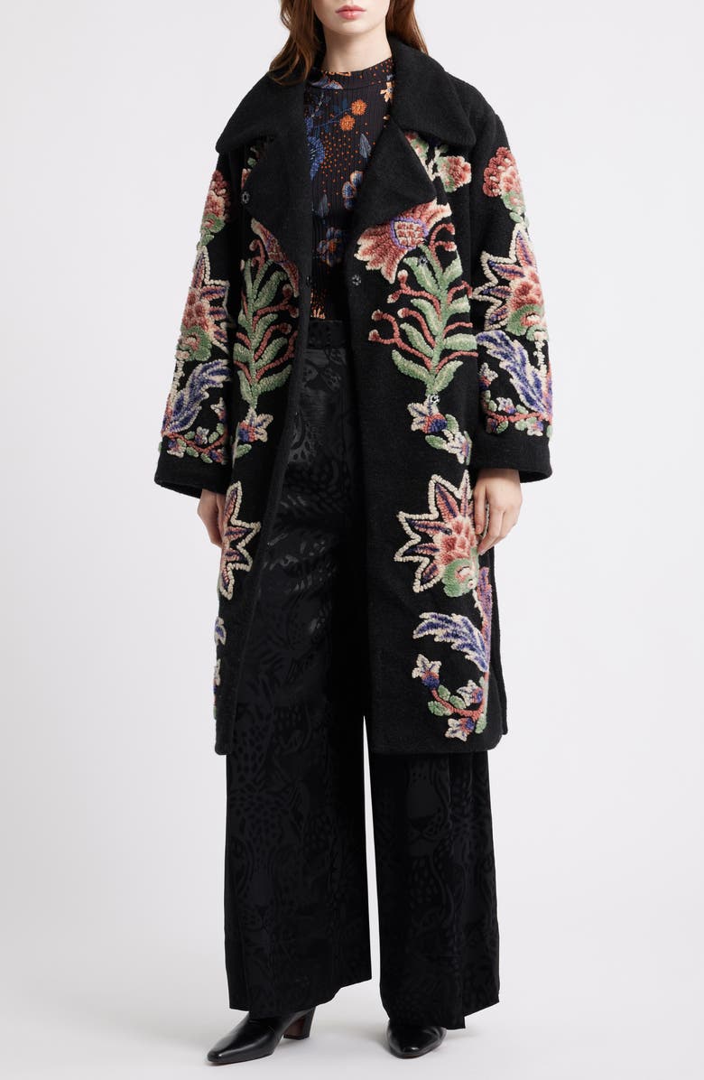 FARM Rio Marvelous Garden Embroidered Floral Fleece Coat, Alternate, color, Black