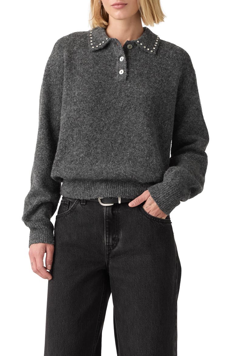 Rhinestone Collar Polo Sweater, Main, color, DARKER HEATHER GREY B65 BROS