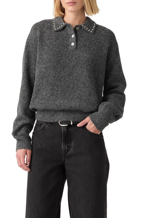 Rhinestone Collar Polo Sweater