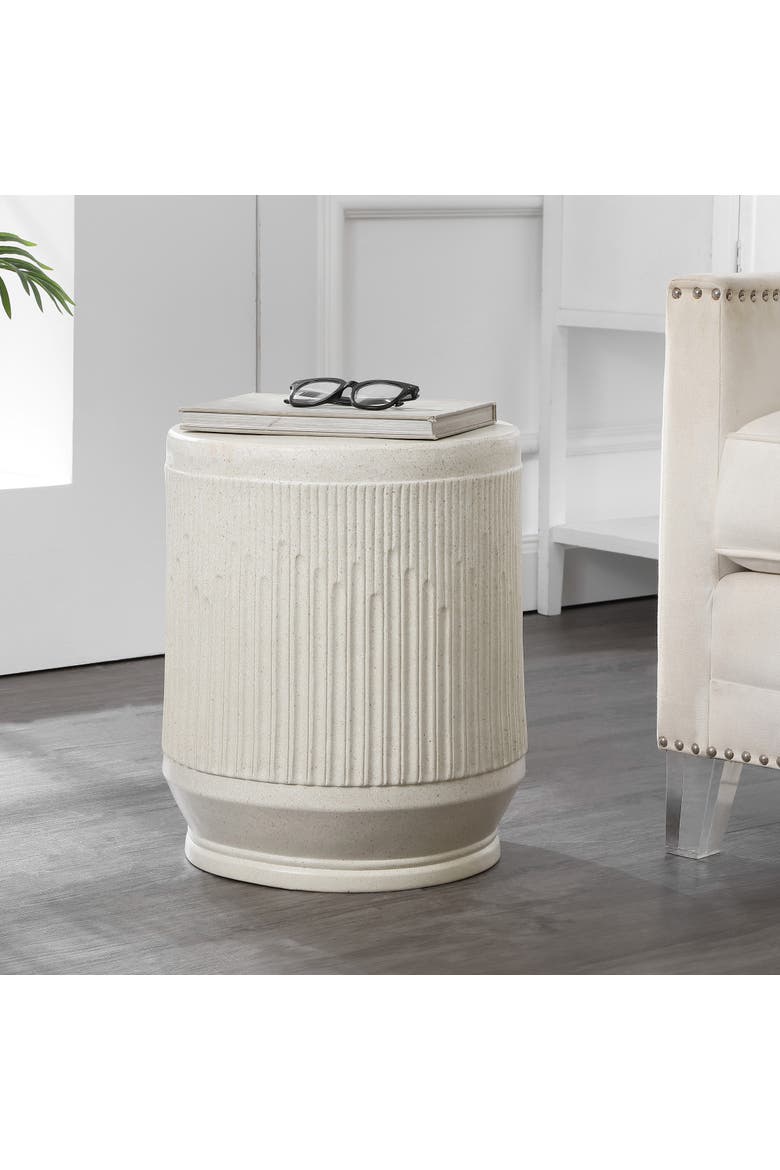 Kline Modern Ribbed UV-Resistant Resin Outdoor Accent Table, All-Weather Patio Drum Side Table & Garden Stool, Main, color, Cream Terrazzo