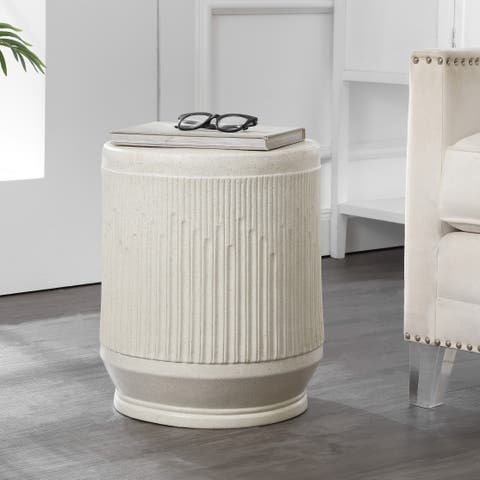 Kline Modern Ribbed UV-Resistant Resin Outdoor Accent Table, All-Weather Patio Drum Side Table & Garden Stool