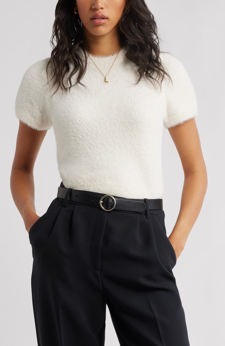 Open Edit Fuzzy Short Sleeve Sweater, Main, color, White Whisper