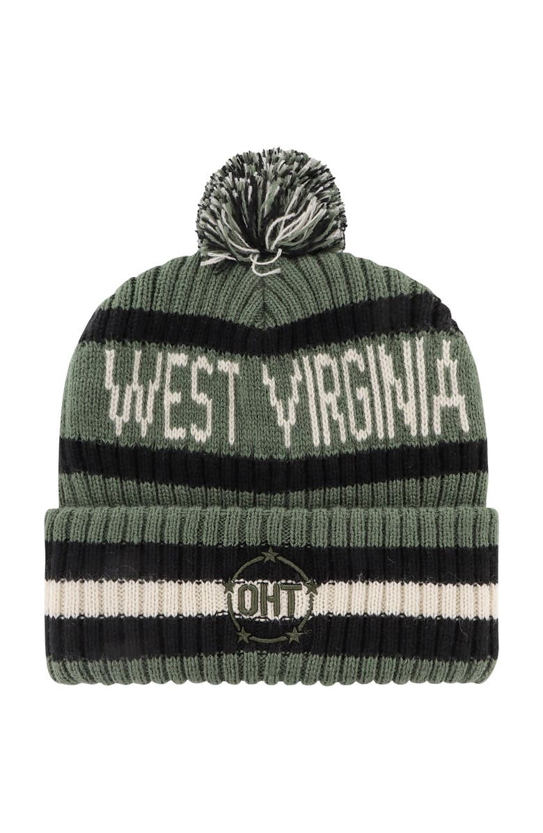 '47 Men's '47 Green West Virginia Mountaineers OHT Military Appreciation Bering Cuffed Knit Hat with Pom, Alternate, color,