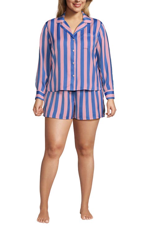 Plus Size Matte Satin 2 Piece Pajama Set - Long Sleeve Top and Shorts