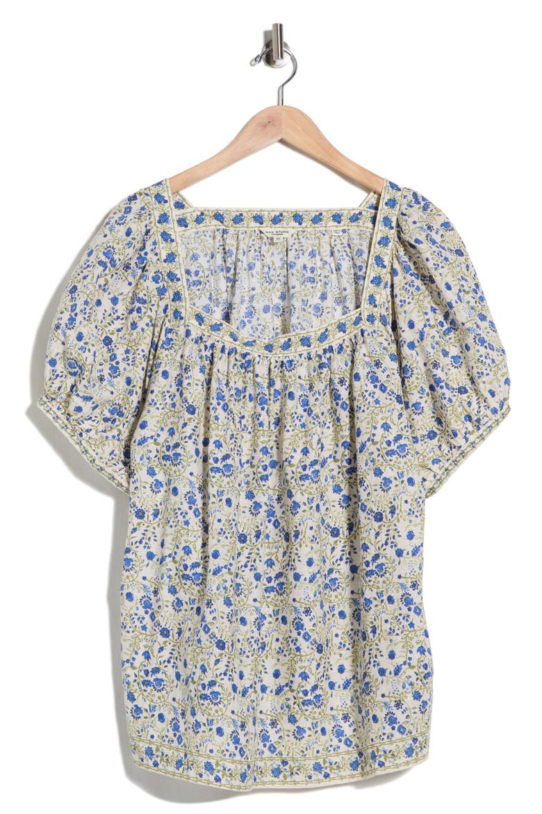 Floral Square Neck Puff Sleeve Top, Alternate, color, ECRU/ COBALT