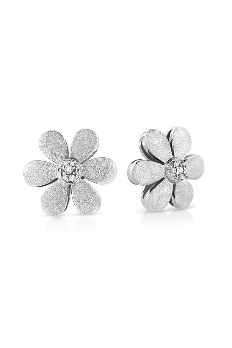 Matte Finished Silver Diamond Accent Flower Hoop Stud Earring, Alternate, color, White