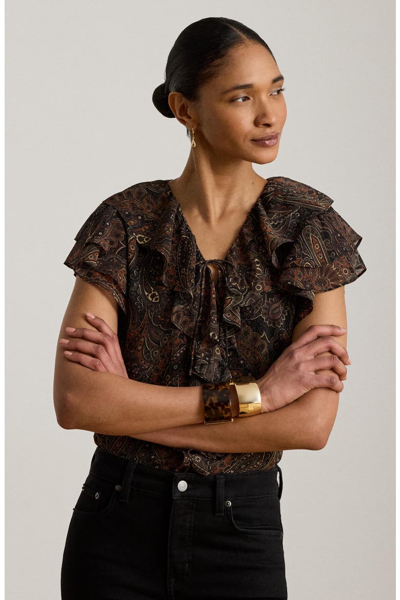 Paisley Ruffle Trim Georgette Top, Alternate, color, BLACK/ MULTI