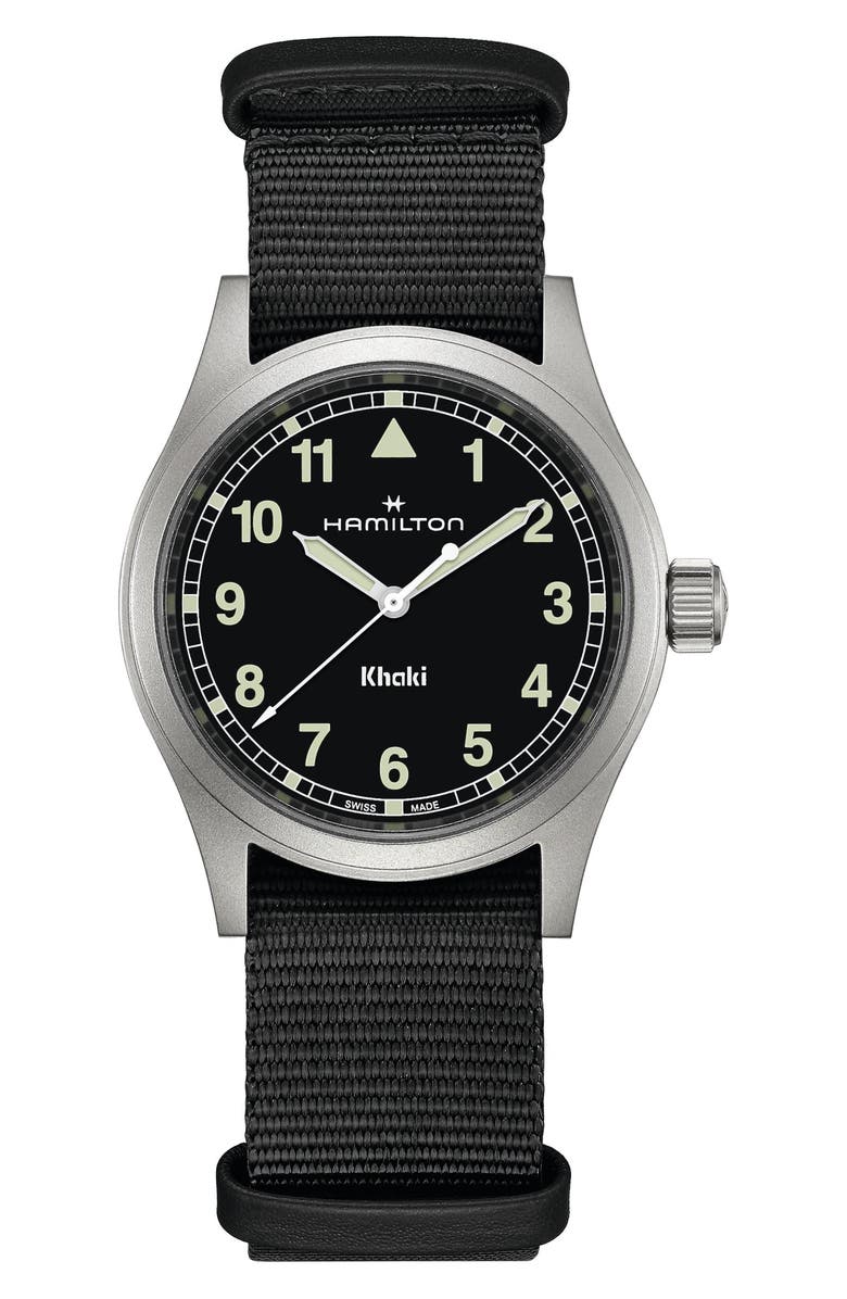 Hamilton Khaki Field NATO Strap Watch, 38mm, Main, color, Black