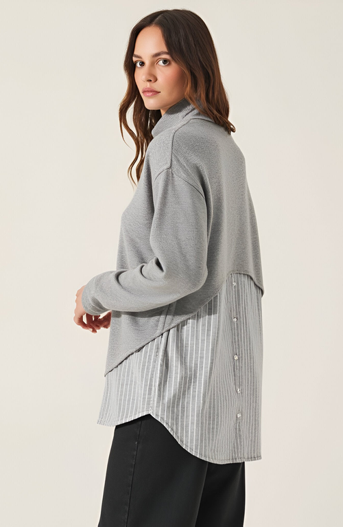Modenaire Mixed Media Turtleneck Top With Open Back In Gray