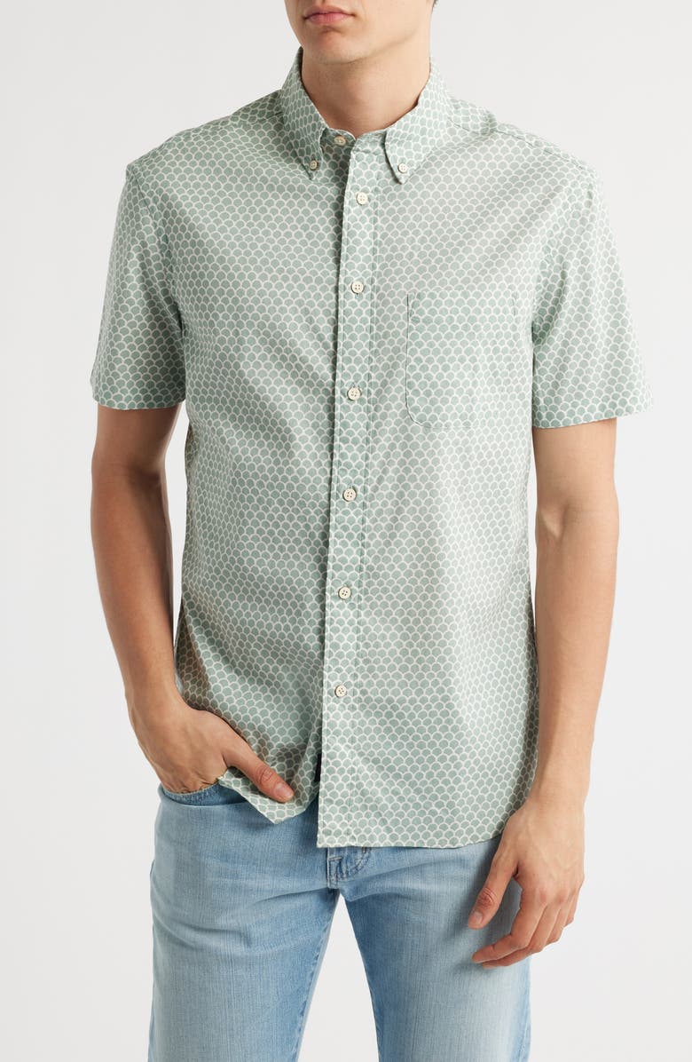 Faherty Playa Short Sleeve Stretch Organic Cotton Button-Down Shirt, Main, color, Sage Fishscale