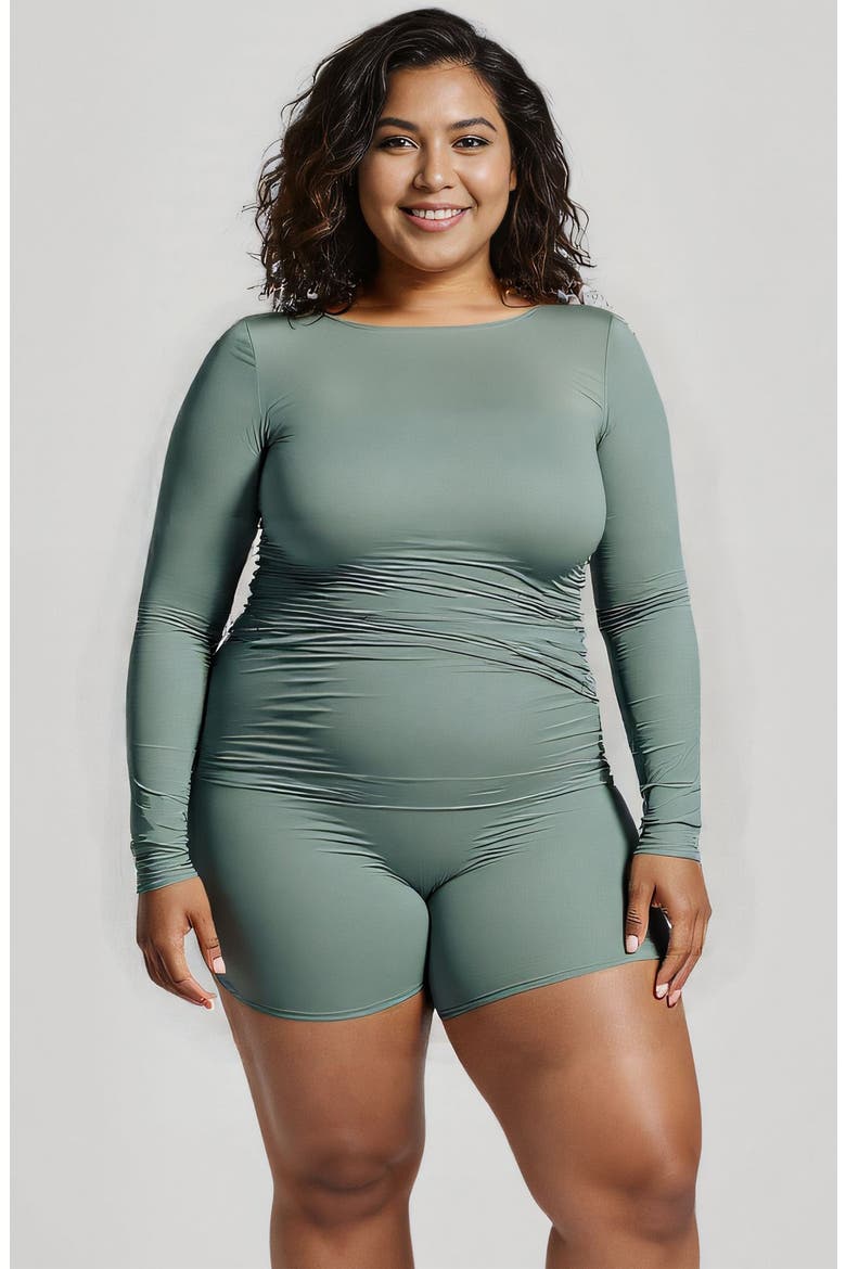 Plus Size Avery 2-Piece Long Sleeve Wrap Swim Set With Reversible Top and Tummy Control Shorts, Alternate, color, Sage Green