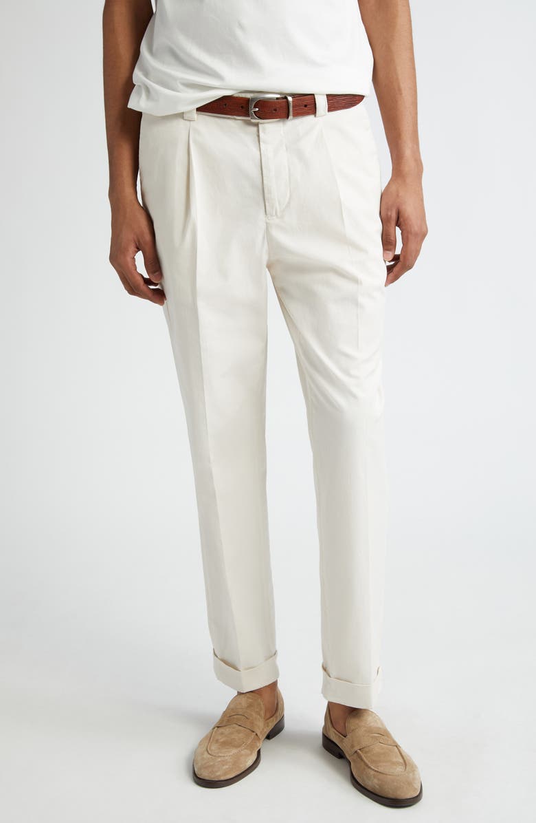 Brunello Cucinelli Pleat Front Garment Dyed Cotton Stretch Gabardine Pants, Main, color,