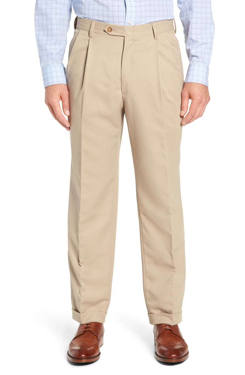 Berle Classic Fit Pleated Microfiber Performance Trousers, Main, color, Tan