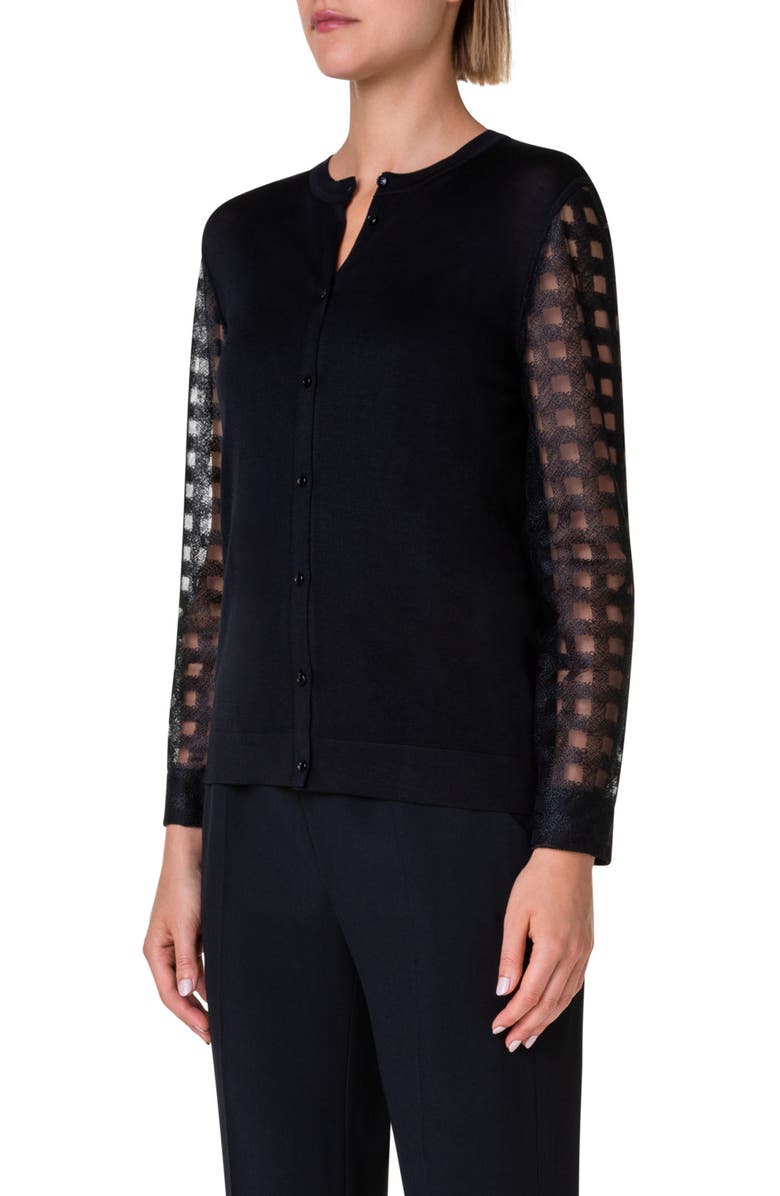 Akris Mixed Media Sheer Sleeve Silk Cardigan, Alternate, color, 