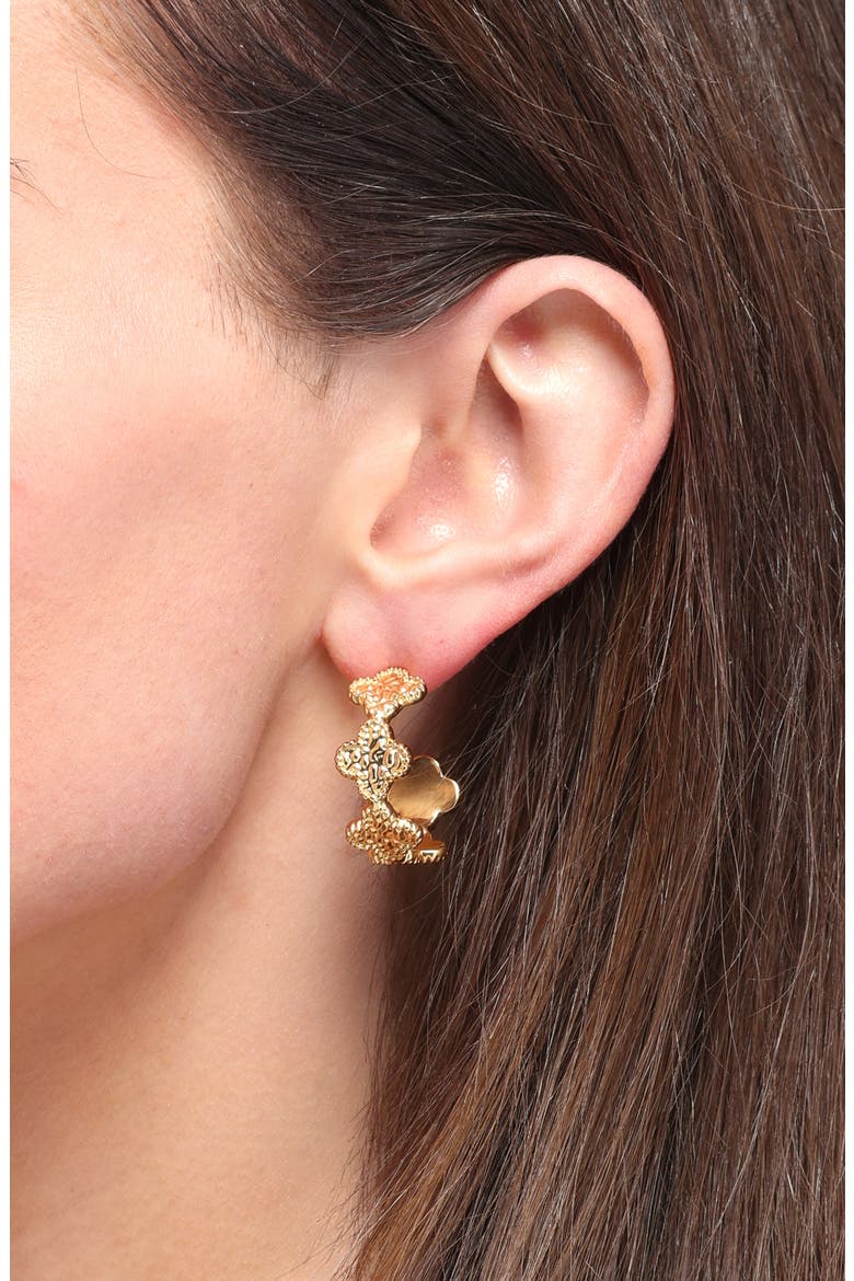 Molten Clover Hoop Earrings, Alternate, color, GOLD