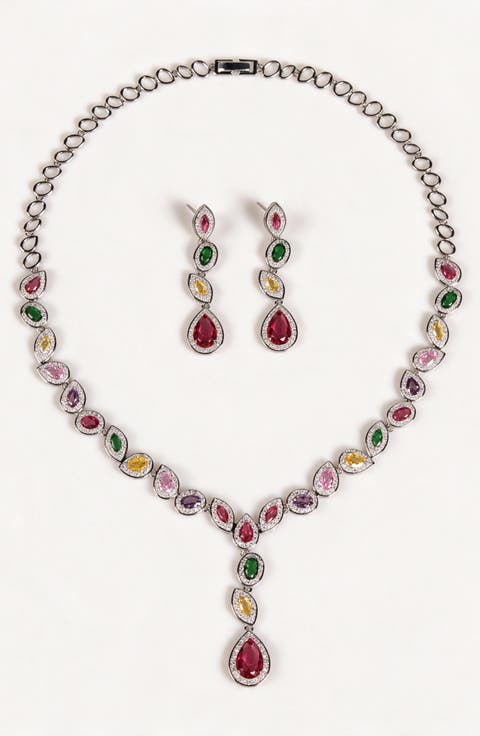 Crystal Teardrop Necklace And Drop Earring Set