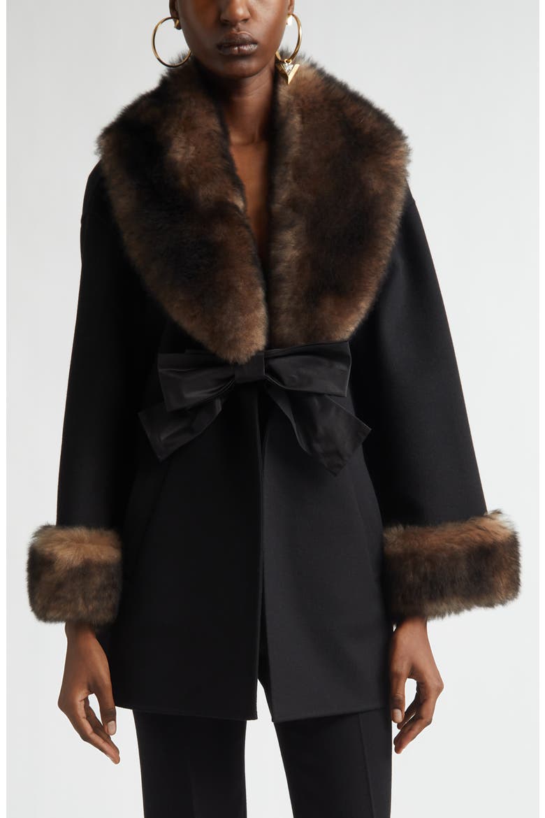 Genuine Shearling Trim Compact Wool & Cashmere Coat (Women