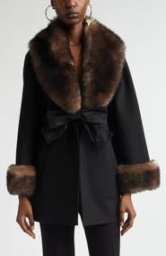 Valentino Genuine Shearling Trim Compact Wool & Cashmere Coat