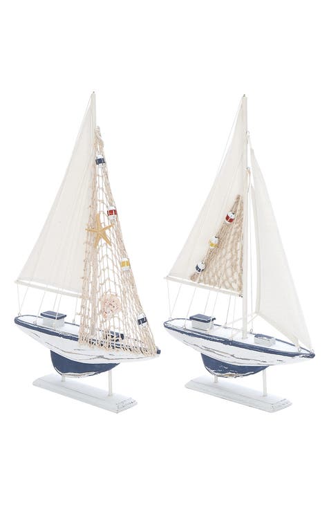 White Wood Coastal Sailboat Sculpture - Set of 2