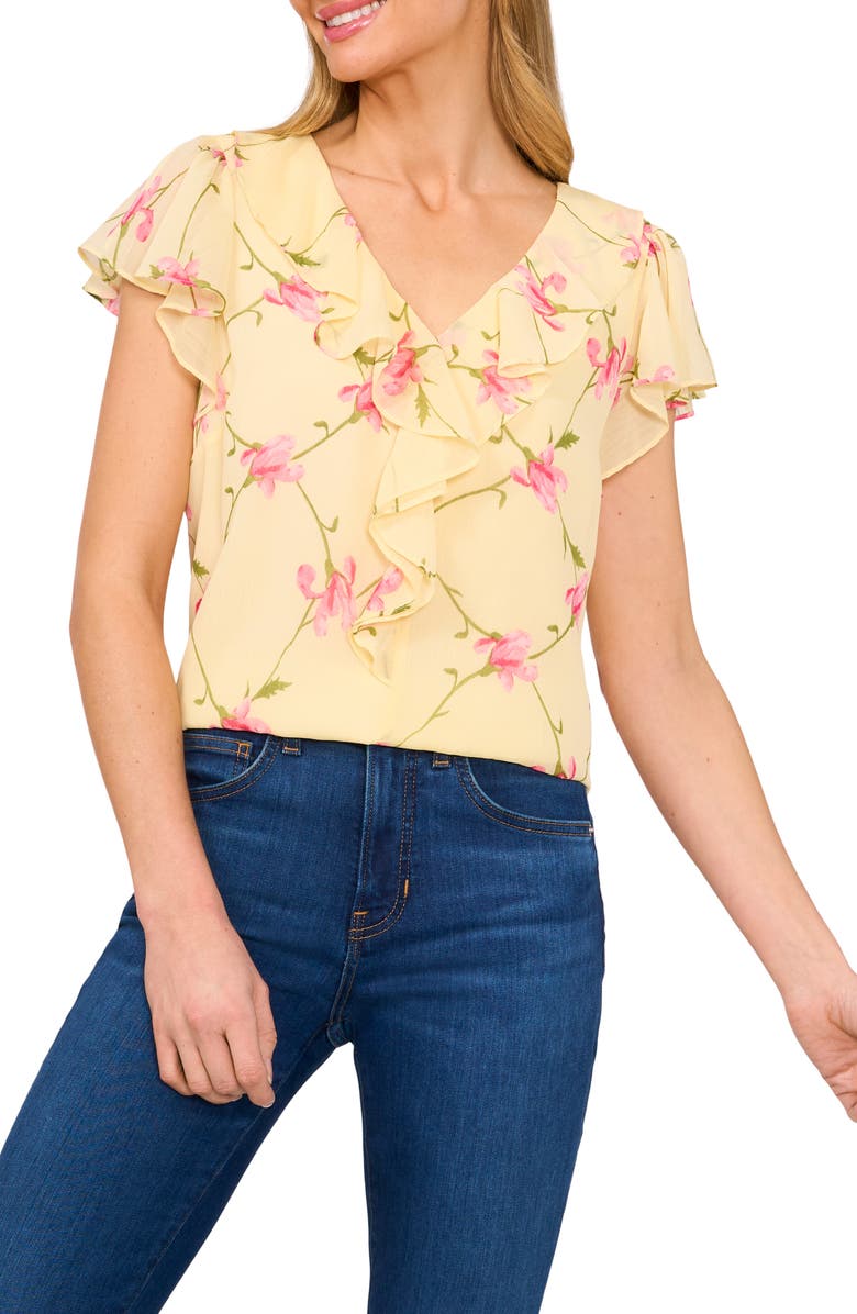 CeCe Floral Ruffle Trim Top, Alternate, color, Lemon Drop