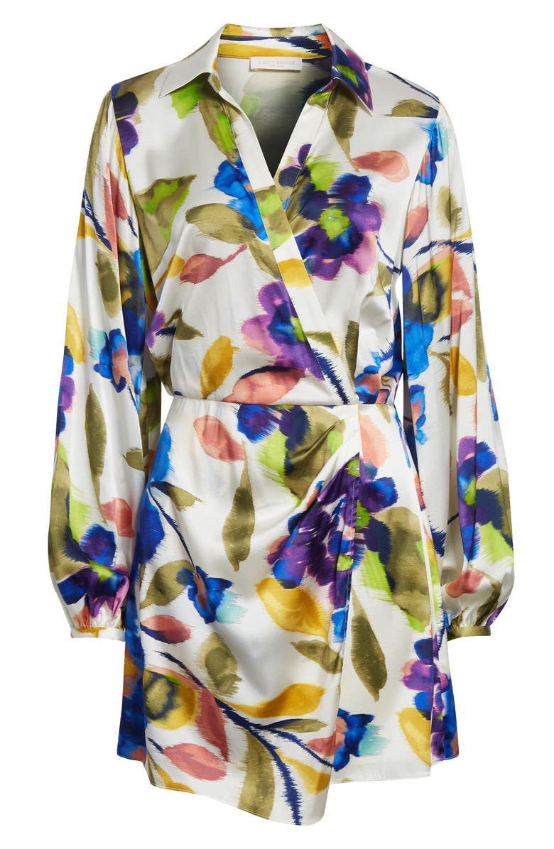 Ramy Brook Printed Carolyn Wrap Front Long Sleeve Silk Blend Dress, Alternate, color, Ivory Floral Silk