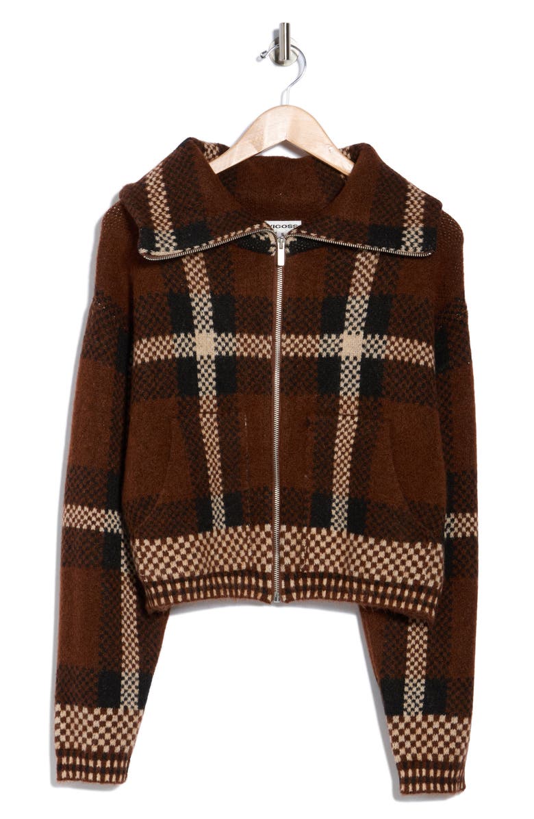 Vigoss Plaid Sweater Bomber Jacket, Alternate, color, Brown Plaid