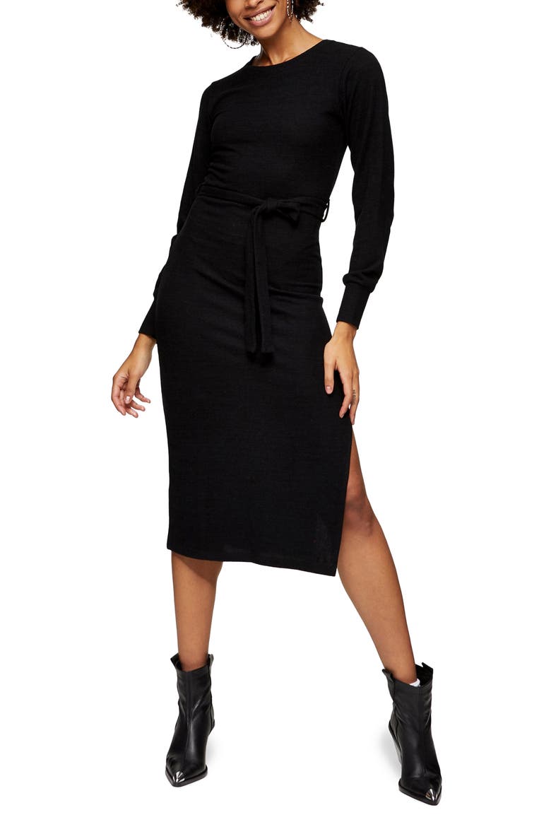 Long Sleeve Knit Midi Dress, Main, color, BLACK