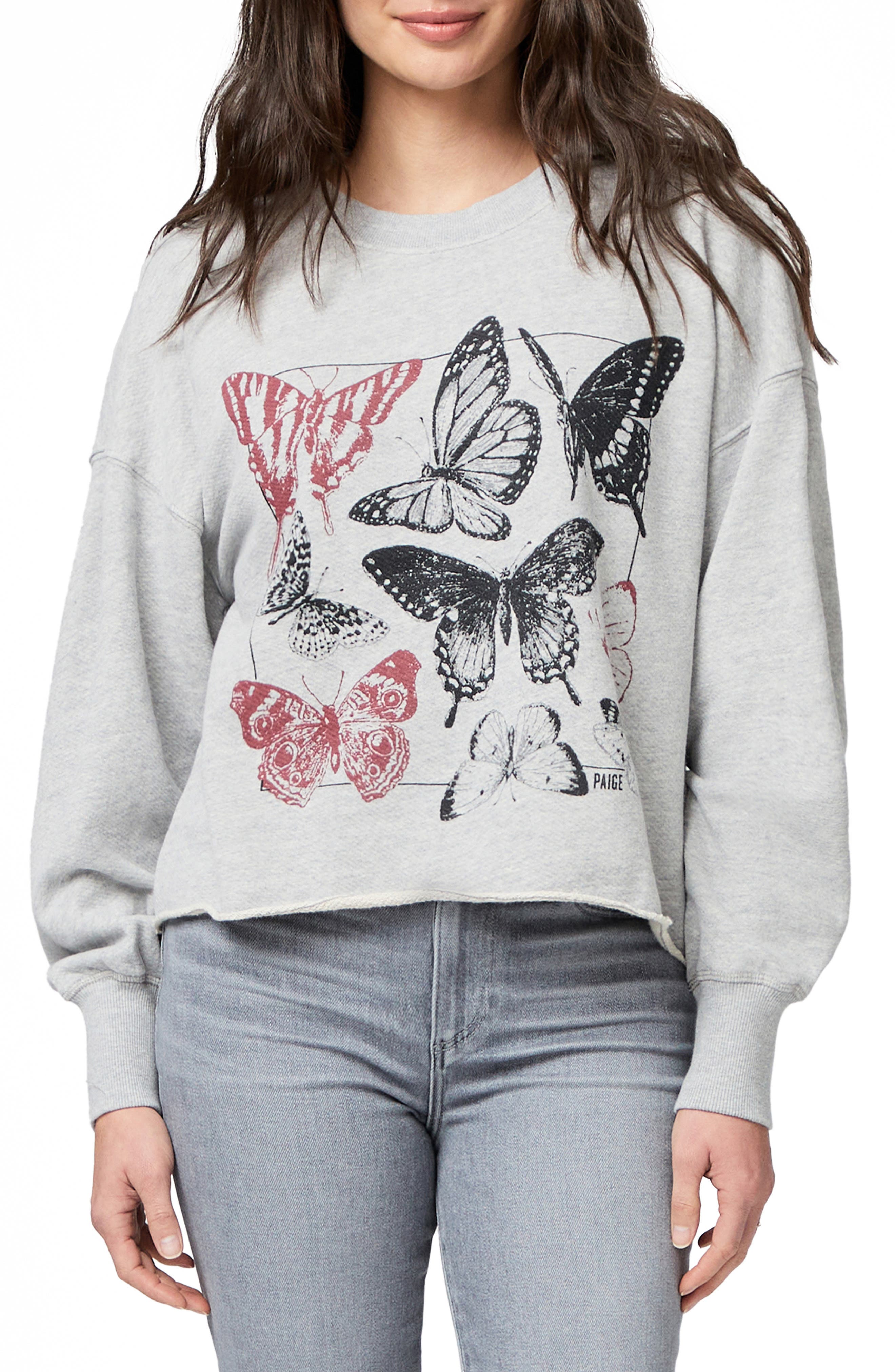 Lisbet Raw Hem Butterfly Graphic Sweatshirt