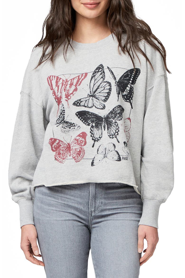 Lisbet Raw Hem Butterfly Graphic Sweatshirt, Main, color, HTHRGREY