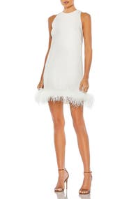 Mac Duggal Feather Hem High Neck A-Line Dress