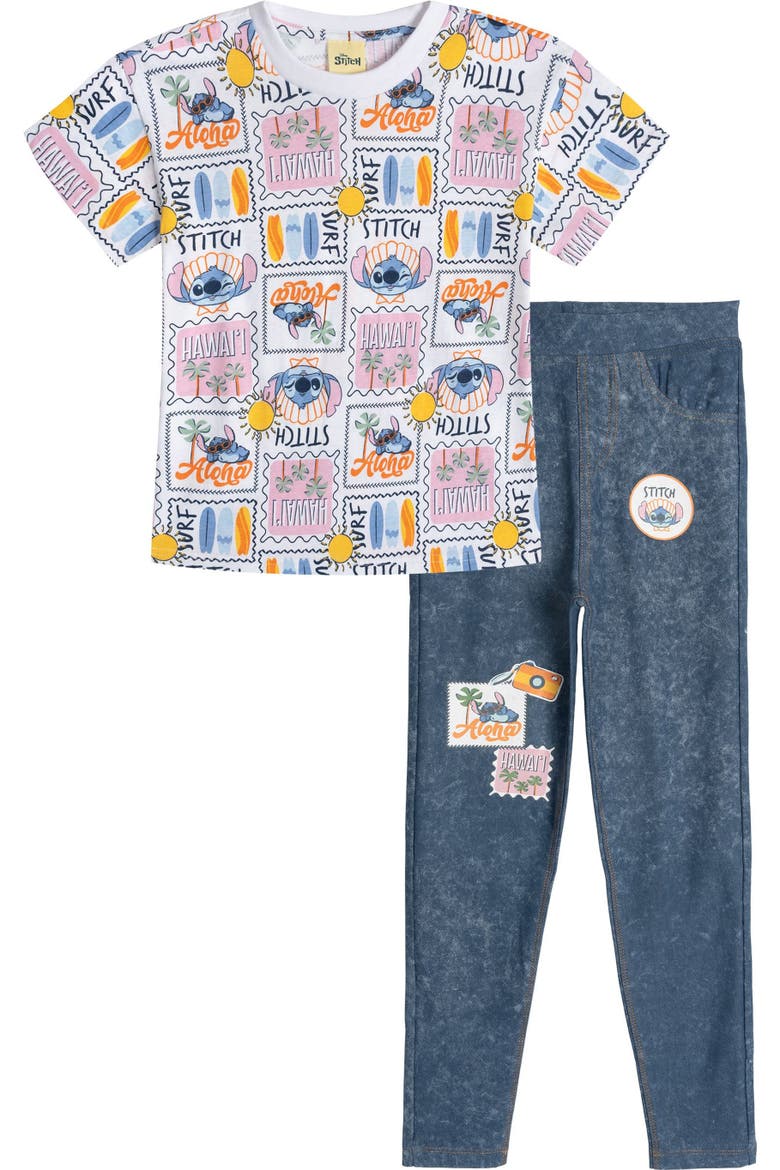 Lilo & Stitch 2-Piece T-Shirt and Denim Leggings Set, Main, color, White Denim Stitch