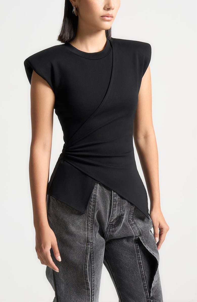 Manière De Voir Wide Shoulder Ruched Waist Top, Alternate, color, Black