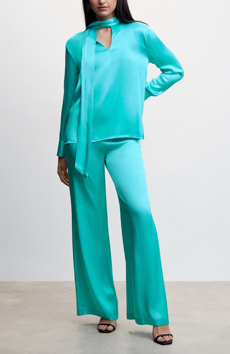 MANGO Tie Neck Satin Blouse, Alternate, color, 
