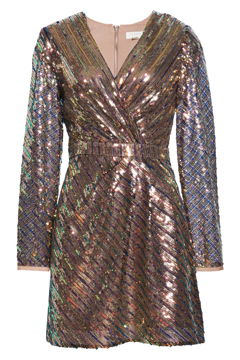 Pipii Sequin Long Sleeve Faux Wrap Cocktail Dress, Alternate, color, LT-PINK