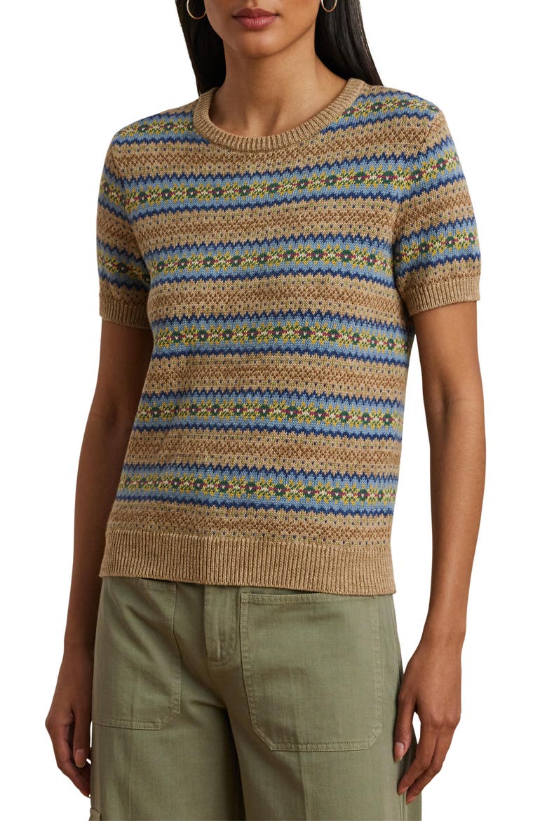 Fair Isle Short Sleeve Cotton & Linen Sweater, Main, color, BROWN MULTI