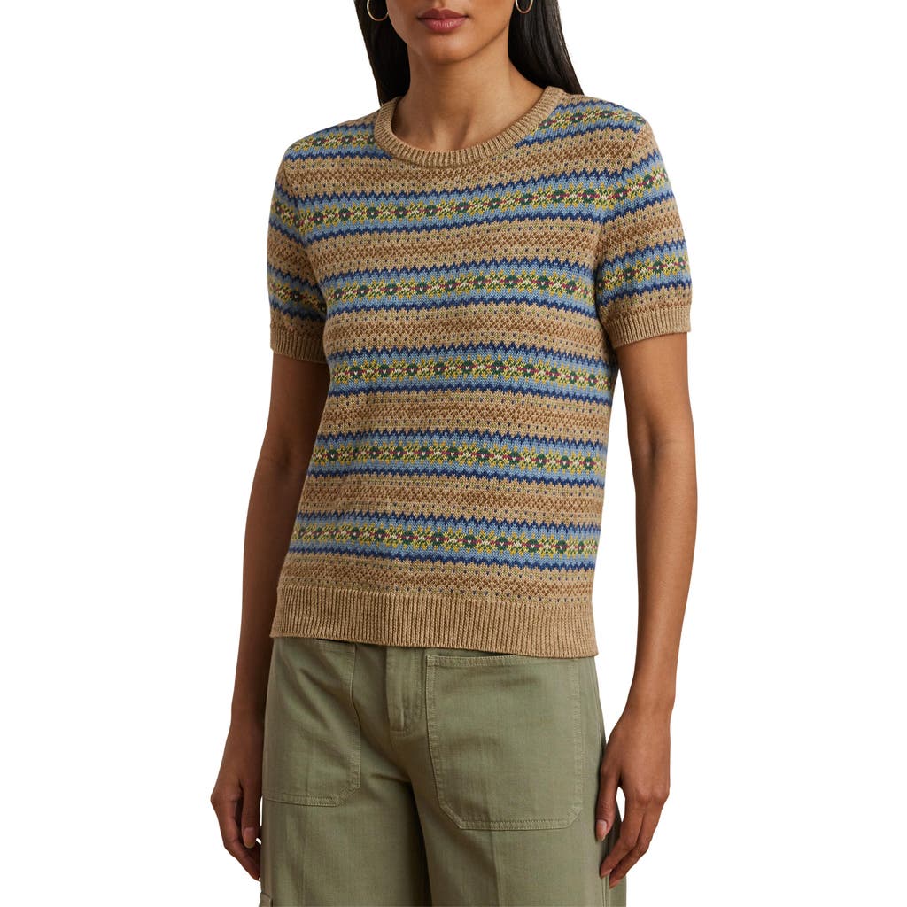 Ralph Lauren Lauren Fair Isle Short Sleeve Cotton & Linen Sweater In Brown Multi