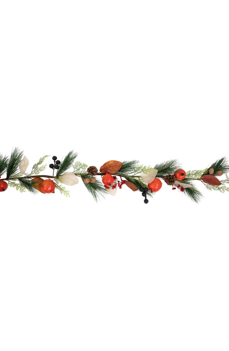 Northlight Mixed Berry, Leaves and Pomegranate Fall Harvest Garland - 6' x 10" - Green and Orange, Alternate, color, Red