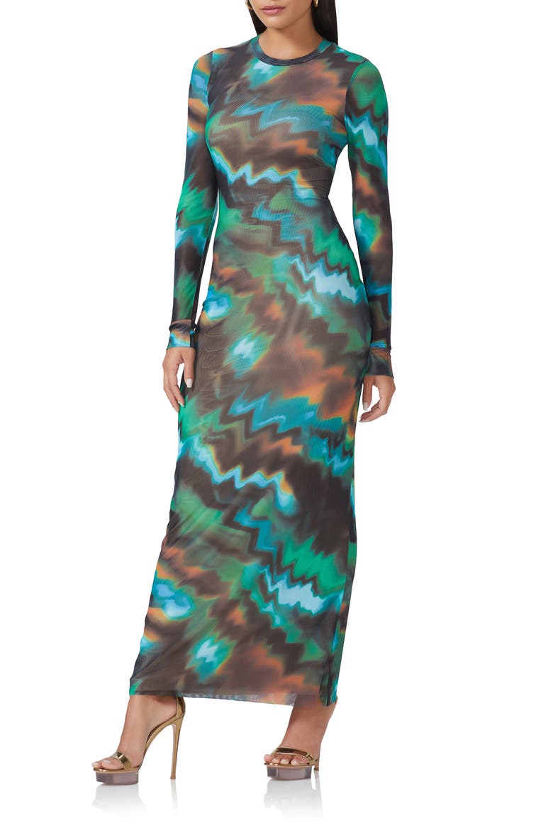 Didi Long Sleeve Mesh Maxi Dress, Alternate, color, WATER WAVE
