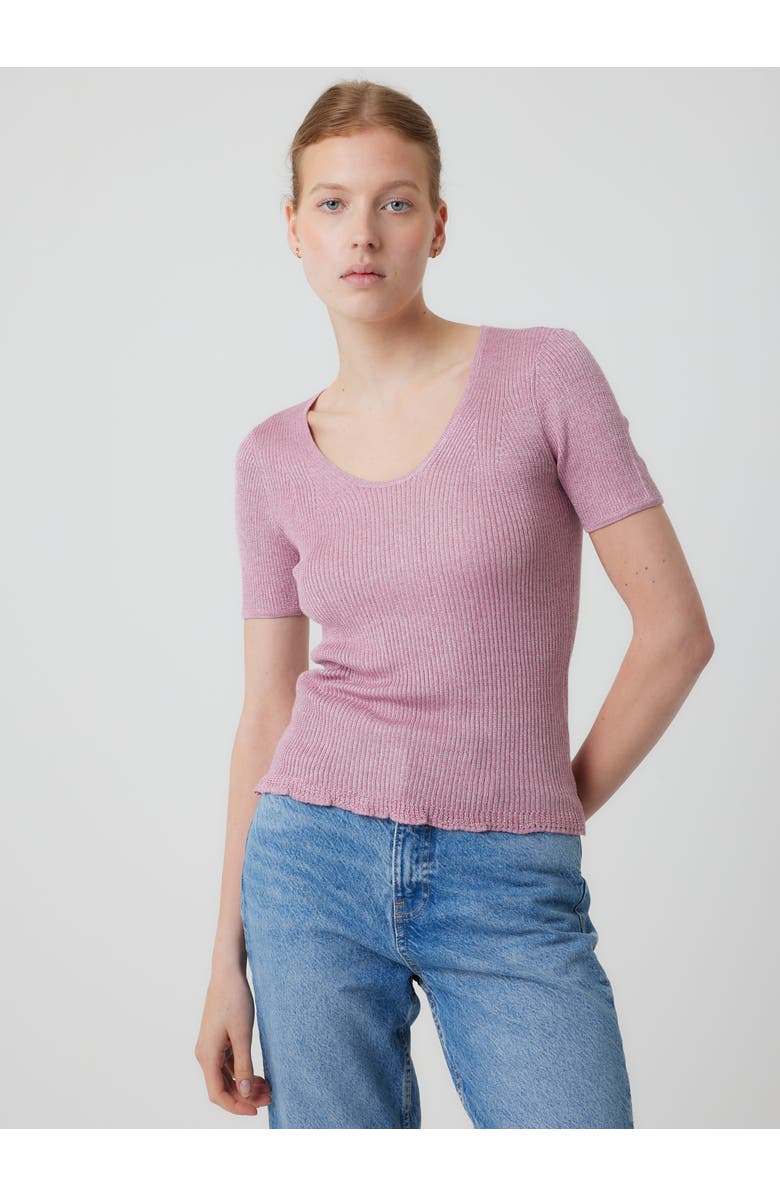 Majestic Filatures Viscose Metallic Rib Short Sleeve Scoopneck, Main, color, Boisderose