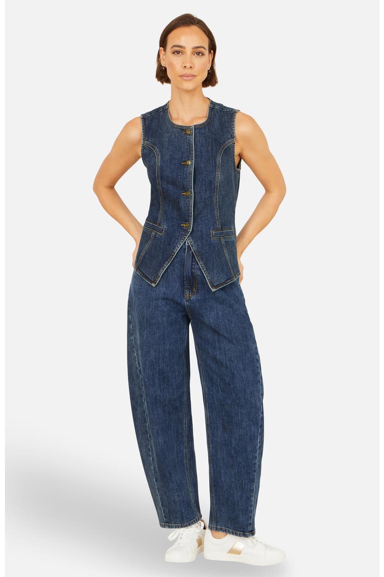 Stretch Long Denim Waistcoat, Alternate, color, Blue