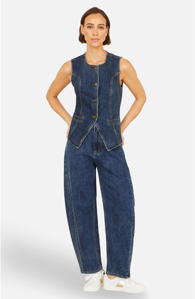 Yumi Stretch Long Denim Waistcoat, Alternate, color, Blue