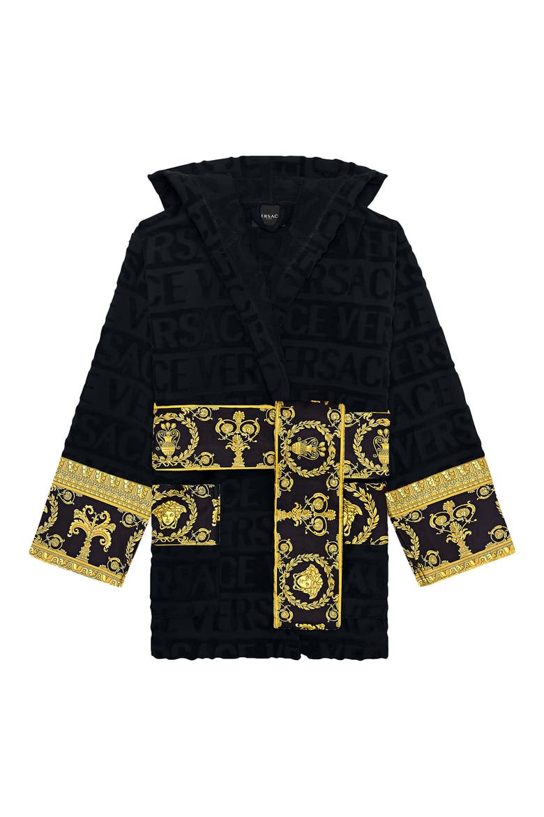 Barocco Hooded Short Bathrobe, Main, color, BLACK