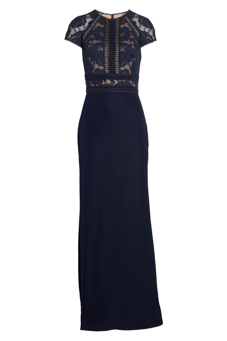 Lace & Crepe A-Line Gown, Alternate, color, NAVY/ NUDE