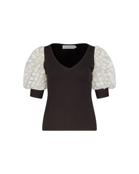 Women's  Brook Black V-Neck Top With Sheer Mesh Sleeves