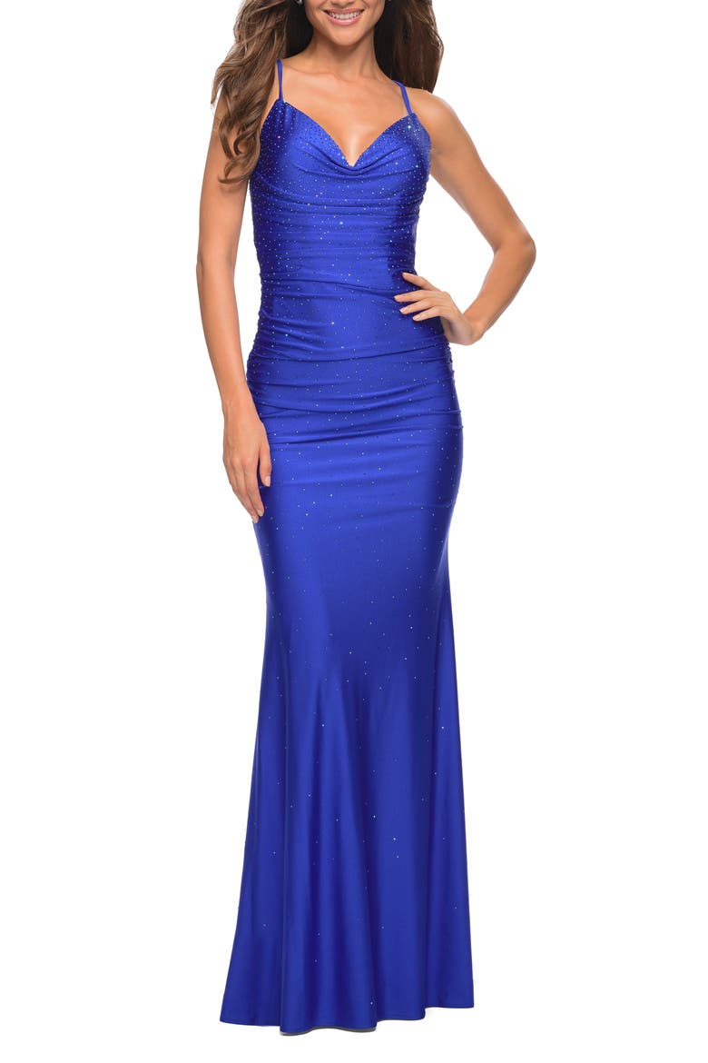 Embellished Strappy Back Trumpet Gown, Main, color, ROYAL BLUE