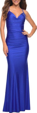 La Femme Embellished Strappy Back Trumpet Gown